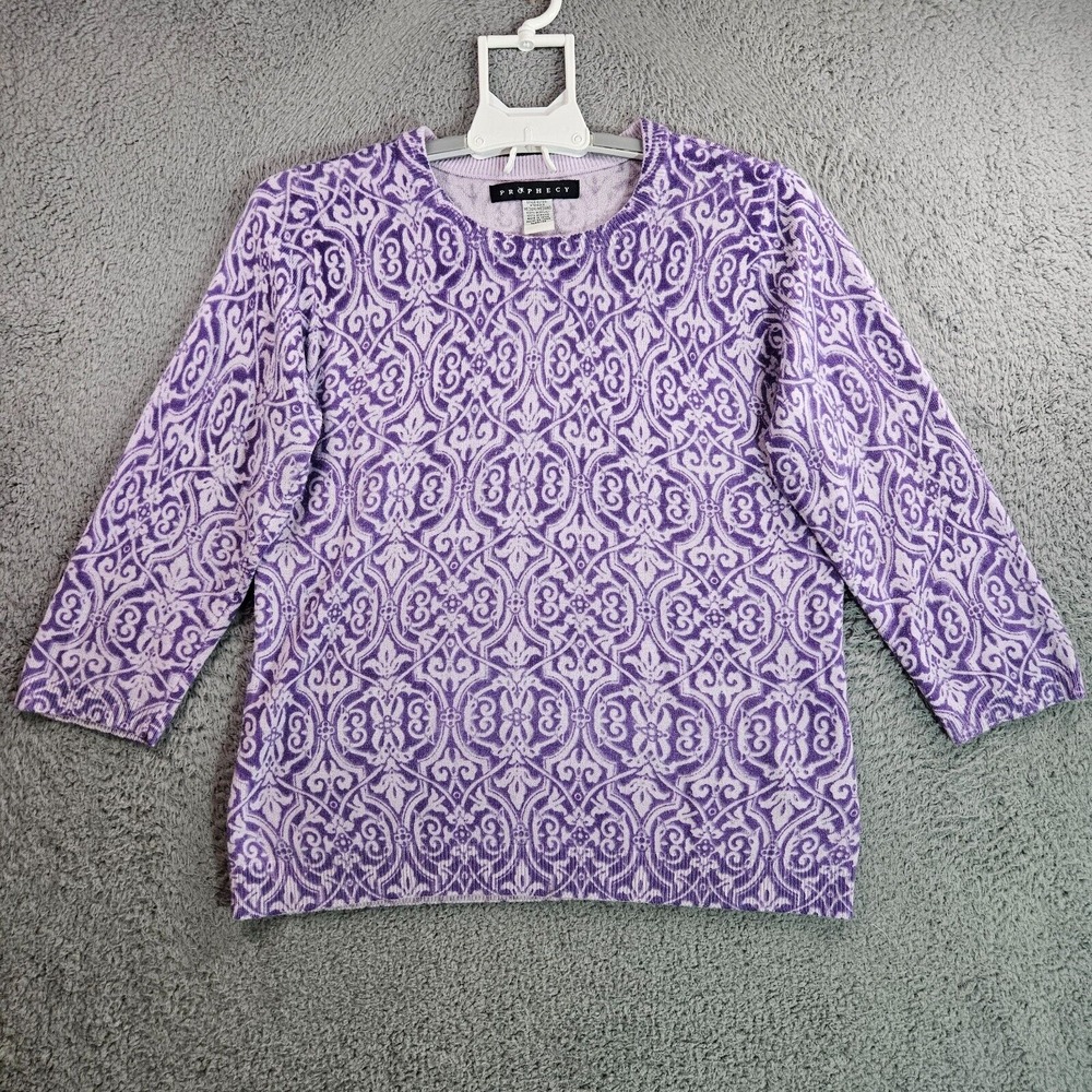 Prophecy Sweater Top Women Medium Geometric Print Crew Neck 3/4 Sleeve Purple